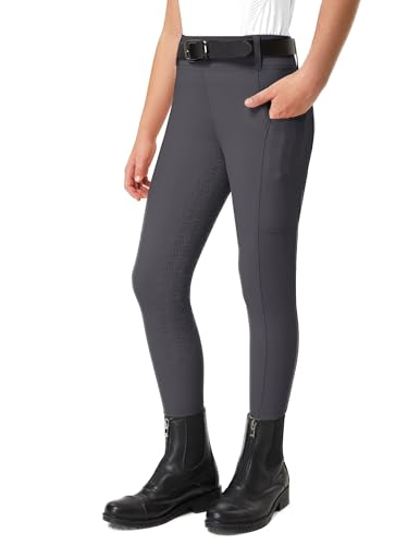 FitsT4 Sports Reithose Kinder Mädchen Reitleggings Reiterhosen Silikon Vollbesatz Reiten Hosen Sommer mit 2 Seitlichen Taschen und Gürtelschlaufen,Dunkelgrau,XS von FitsT4 Sports