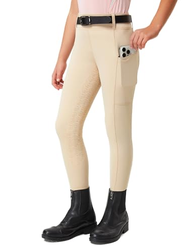 FitsT4 Sports Reithose Kinder Mädchen Reitleggings Reiterhosen Silikon Vollbesatz Reiten Hosen Sommer mit 2 Seitlichen Taschen und Gürtelschlaufen,Khaki,M von FitsT4 Sports