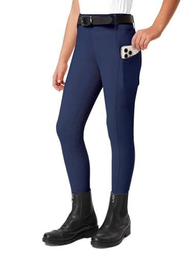 FitsT4 Sports Reithose Kinder Mädchen Reitleggings Reiterhosen Silikon Vollbesatz Reiten Hosen Sommer mit 2 Seitlichen Taschen und Gürtelschlaufen,Marineblau,XS von FitsT4 Sports
