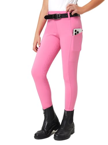 FitsT4 Sports Reithose Kinder Mädchen Reitleggings Reiterhosen Silikon Vollbesatz Reiten Hosen Sommer mit 2 Seitlichen Taschen und Gürtelschlaufen,Rosa,XL von FitsT4 Sports