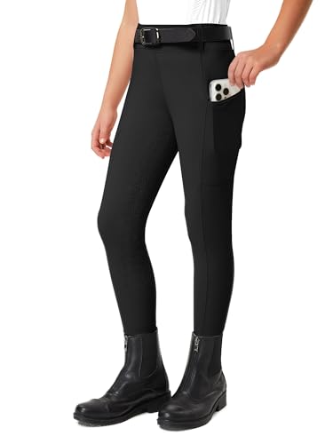 FitsT4 Sports Reithose Kinder Mädchen Reitleggings Reiterhosen Silikon Vollbesatz Reiten Hosen Sommer mit 2 Seitlichen Taschen und Gürtelschlaufen,Schwarz,M von FitsT4 Sports