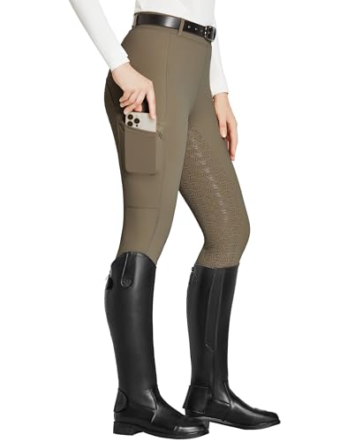 FitsT4 Sports Reitleggings Damen Reithose Mädchen Silikon vollbesatz mit Handytasche und Gürtelschlaufen für Reitsport Pferdetraining,Dunkelbraun,XXL von FitsT4 Sports