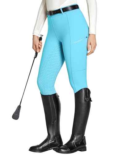 FitsT4 Sports Reitleggings Damen Reithose Mädchen Silikon vollbesatz mit Handytasche und Gürtelschlaufen für Reitsport Pferdetraining,Hellblau,M von FitsT4 Sports