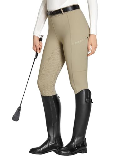 FitsT4 Sports Reitleggings Damen Reithose Mädchen Silikon vollbesatz mit Handytasche und Gürtelschlaufen für Reitsport Pferdetraining,Khaki,XL von FitsT4 Sports