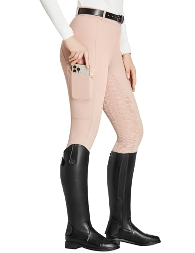 FitsT4 Sports Reitleggings Damen Reithose Mädchen Silikon vollbesatz mit Handytasche und Gürtelschlaufen für Reitsport Pferdetraining,Nebelpink,XL von FitsT4 Sports