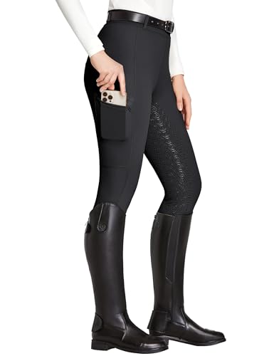 FitsT4 Sports Reitleggings Damen Reithose Mädchen Silikon vollbesatz mit Handytasche und Gürtelschlaufen für Reitsport Pferdetraining,Schwarz,XL von FitsT4 Sports