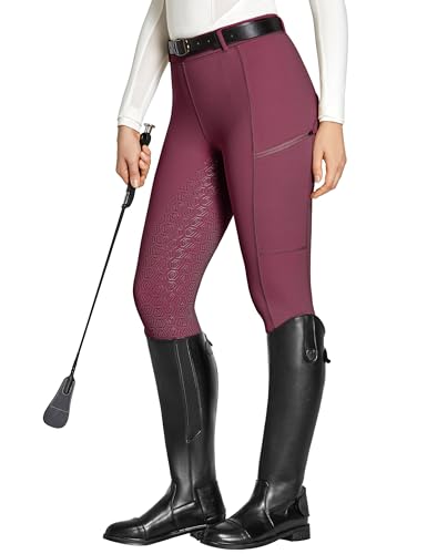 FitsT4 Sports Reitleggings Damen Reithose Mädchen Silikon vollbesatz mit Handytasche und Gürtelschlaufen für Reitsport Pferdetraining,Weinrot,M von FitsT4 Sports