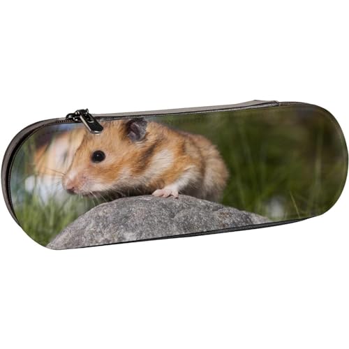 Fittg Federmäppchen, niedlicher Hamster auf einem Stein, mit Reißverschluss, Leder-Bleistifttasche, multifunktional, für Schule, Büro von Fittg