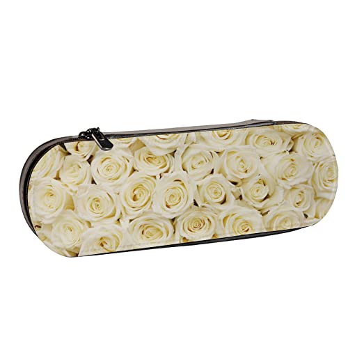 Fittg Federmäppchen, schöne weiße Rosenblumen mit Reißverschluss, Leder-Bleistifttasche, multifunktional, für Schule, Büro von Fittg