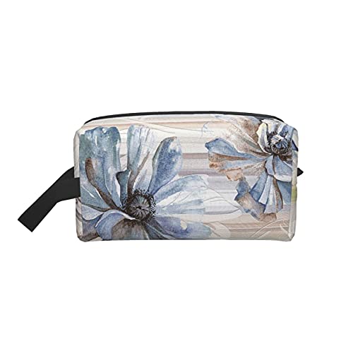 Make-up-Tasche, Blaue Blume, Holzstruktur, Reise-Reißverschluss, wasserdichte Clutch, Aufbewahrung von Toilettenartikeln, Kosmetiktasche für Mädchen und Frauen von Fittg