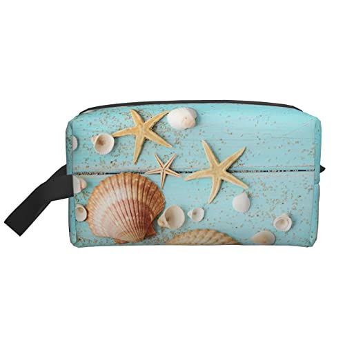 Make-up-Tasche, Strandmuscheln und Seesterne auf altem Holz, Reise-Reißverschluss, wasserdichte Clutch, Aufbewahrung von Toilettenartikeln, Kosmetiktasche für Mädchen und Frauen von Fittg