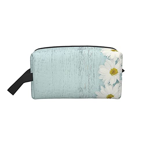 Make-up-Tasche, weiße Gänseblümchen, blaues Holz, Reise-Reißverschluss, wasserdichte Clutch, Aufbewahrung von Toilettenartikeln, Kosmetiktasche für Mädchen und Frauen von Fittg