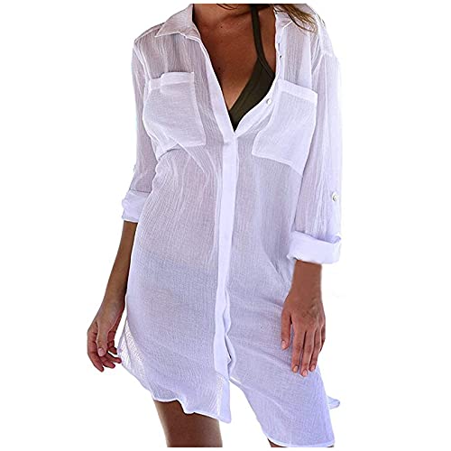 WeißE Hemdbluse Damen Elegant Strandkleid Bikini Cover Up Strandponcho Damen Sommer Pareos Sommerkleid Bademode Strand Vertuschen Shirt Für Urlaub Die EinheitsgrößE Leichte Beachwear Oversize Shirt von Fitzac