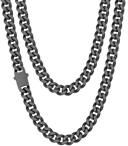 Fiusem Schwarz-vergoldete Halskette für Herren, 7,5 mm/9 mm, schwarz/vergoldeter Edelstahl, kubanische Gliederkette, Herrenketten, 45,7 - 71,1 cm, 26", Edelstahl, Kein Edelstein Fiusem Schwarz-vergoldete Halskette für Herren, 7,5 mm/9 mm, schwarz/vergoldeter Edelstahl, kubanische Gliederkette, Herrenketten, 45,7 - 71,1 cm, 26", Edelstahl, Kein Edelstein von Fiusem