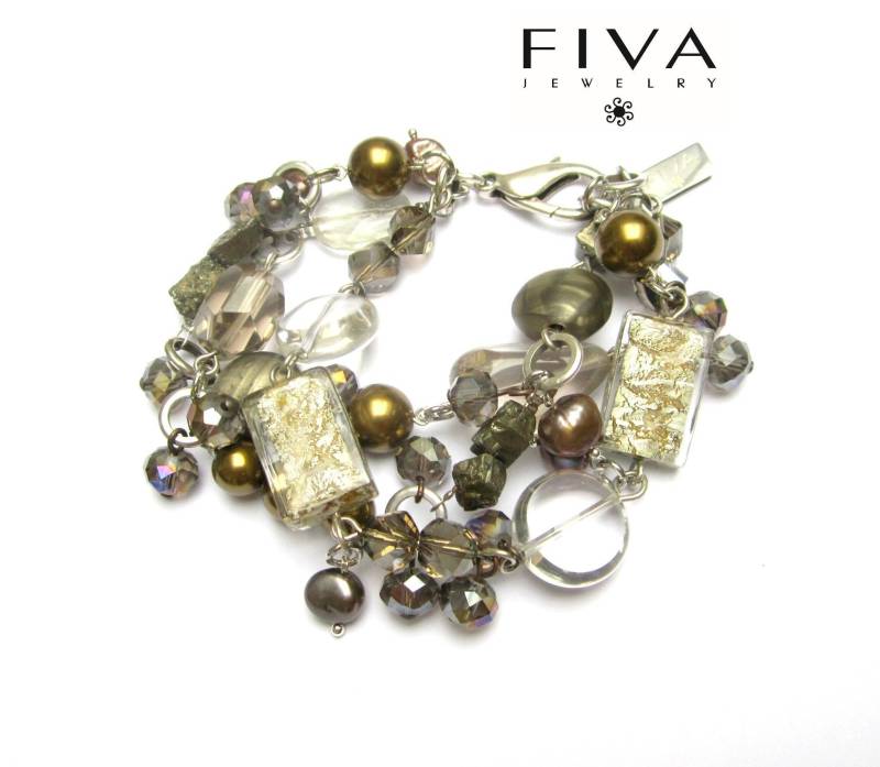 Fiva Armband Rauchquarz Braun Pyrith Gold Murano Silber Fiva Armband Rauchquarz Braun Pyrith Gold Murano Silber von FivaJewelryDE