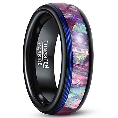 Fivavo 8mm Schwarze Ringe für Herren Wolfram Ring Kuppel Eheringe Verlobungsring mit Violett Shell und Blau Gitarrensaite Größe 67(21.3) von Fivavo