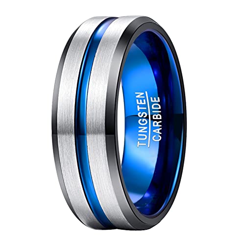 Fivavo 8mm Herren Wolframkarbid Hochzeitsring Silber Mattes Finish und Blau Gerillte Partnerringe Jubiläumsring mit Schwarzen Abgeschrägten Kanten Größe 61(19.4) von Fivavo