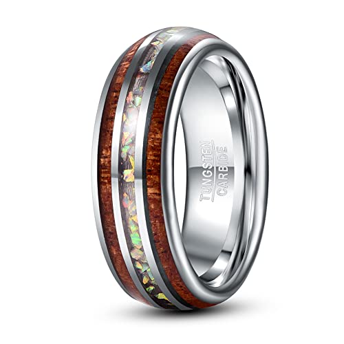 Fivavo 8mm Silber Wolfram Ring für Herren Damen Opal Ehering Kuppel Verlobungsring mit Koa-Holz von Fivavo