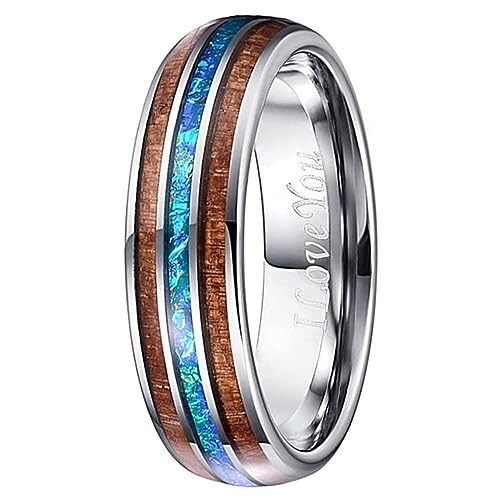 Fivavo Ring Herren Damen 6mm Wolframcarbid Ring Acacia Wood + Imitation Opal Inlay Dome Polishing Wolframcarbidringe Größe 54(17.2) von Fivavo