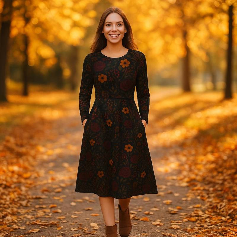 Herbstkleid Mit Blumenmuster | Langarm Midikleid Taschen - Dunkles Florales Kleid Für Herbst & Winter von FiveCreationsStudio