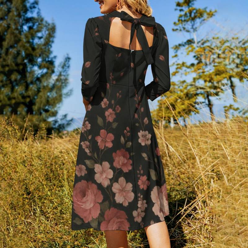 Schwarzes Blumen-Kleid Mit Schleife | Sweetheart Knot Flare Dress 3/4-Ärmeln - Elegant & Feminin Für Alltag, Büro Und Besondere Anlässe von FiveCreationsStudio