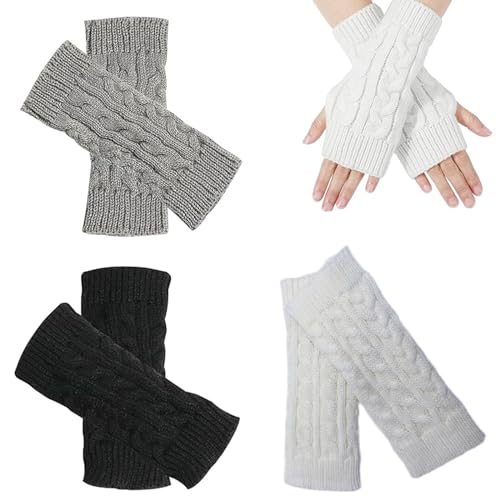 3 Paar halb fingerlose handschuhe, fashion fingerlose handschuhe für damen, winter-armwärmer, damen pulswärmer, winter strickhandschuhe warm kurzer halb handstulpen unisex (Schwarz/Grau/Weiß) von FiveMileBro