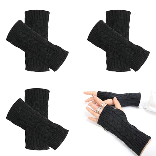 FiveMileBro 3 Paar halb fingerlose handschuhe, fashion fingerlose handschuhe für damen, winter-armwärmer, damen pulswärmer, winter strickhandschuhe warm kurzer halb handstulpen unisex (Schwarz) von FiveMileBro