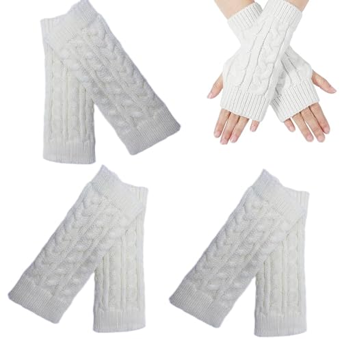 FiveMileBro 3 Paar halb fingerlose handschuhe, fashion fingerlose handschuhe für damen, winter-armwärmer, damen pulswärmer, winter strickhandschuhe warm kurzer halb handstulpen unisex (Weiß) von FiveMileBro