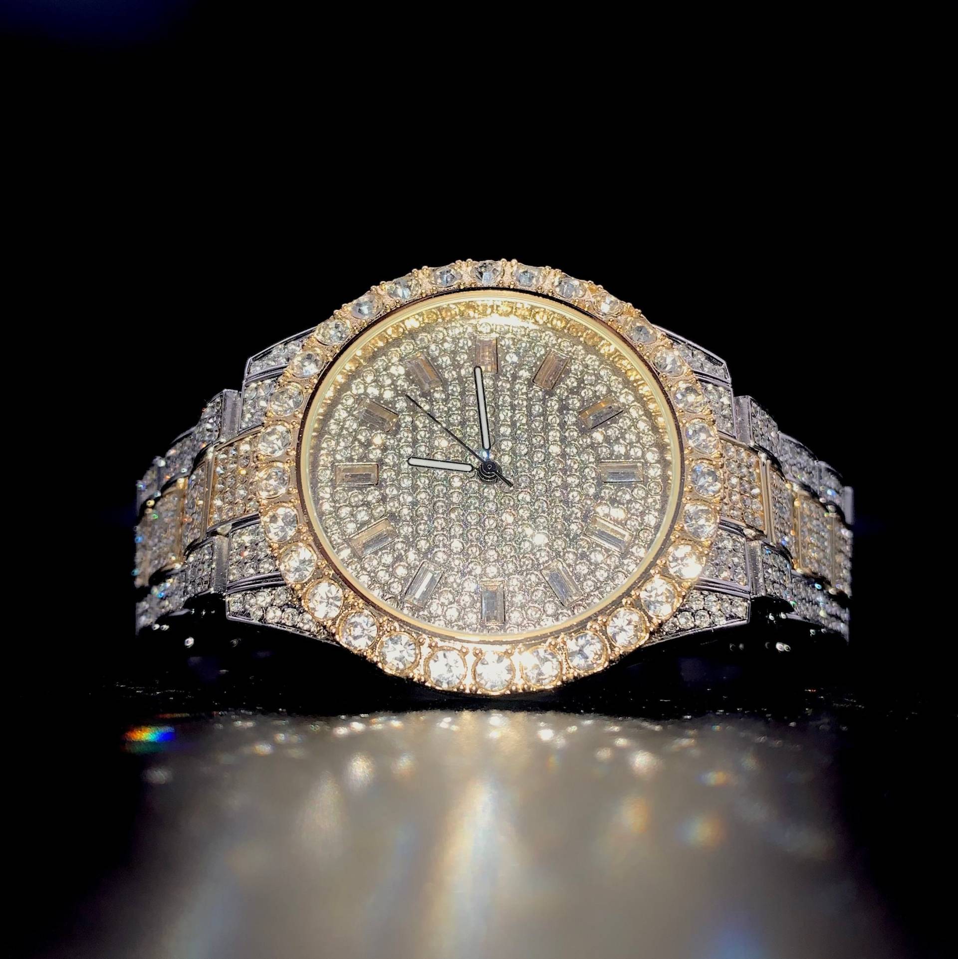 Herren 18K Gold/Weißgold Cz Diamant Baguette Luxus Hiphop Iced Out Uhr von FiveStarGemz