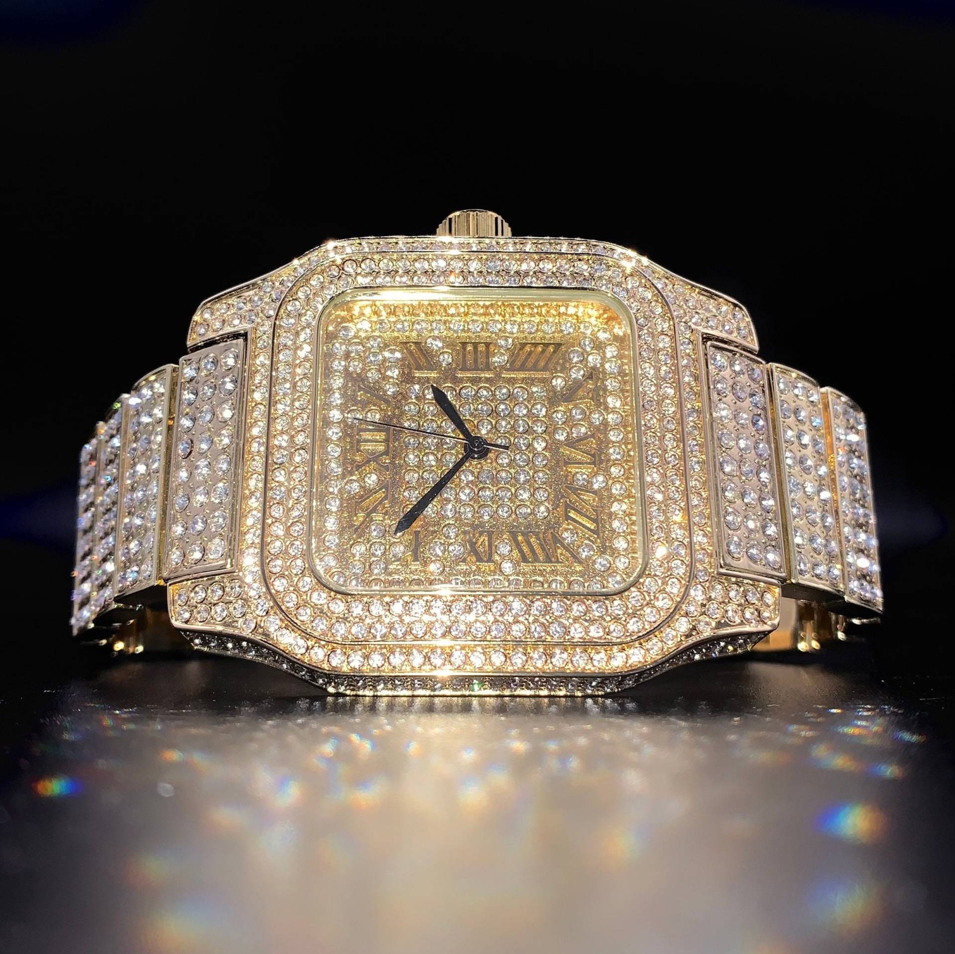 Herren 45mm Gold/Weißgold Quadrat Cz Diamant Hiphop Bling Iced Out Uhr von FiveStarGemz