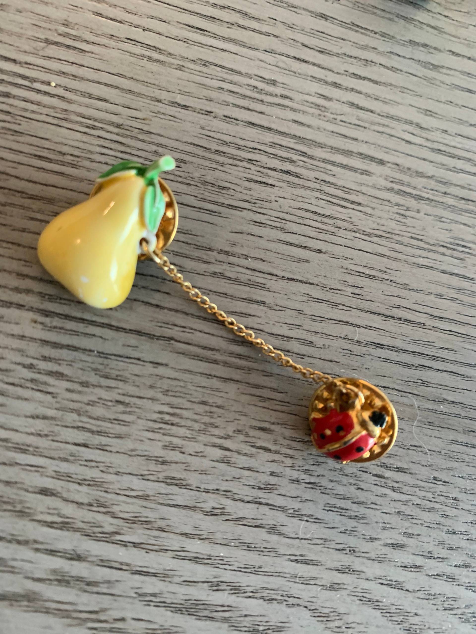 Birne Und Marienkäfer Chatelaine Pin Oder Krawattennadel, Mid Century Emaille Obst Käfer Insekt Durch Kette Verbunden Kleine Brosche, Pullover Birne Und Marienkäfer Chatelaine Pin Oder Krawattennadel, Mid Century Emaille Obst Käfer Insekt Durch Kette Verbunden Kleine Brosche, Pullover von FivebunniesByMoxie