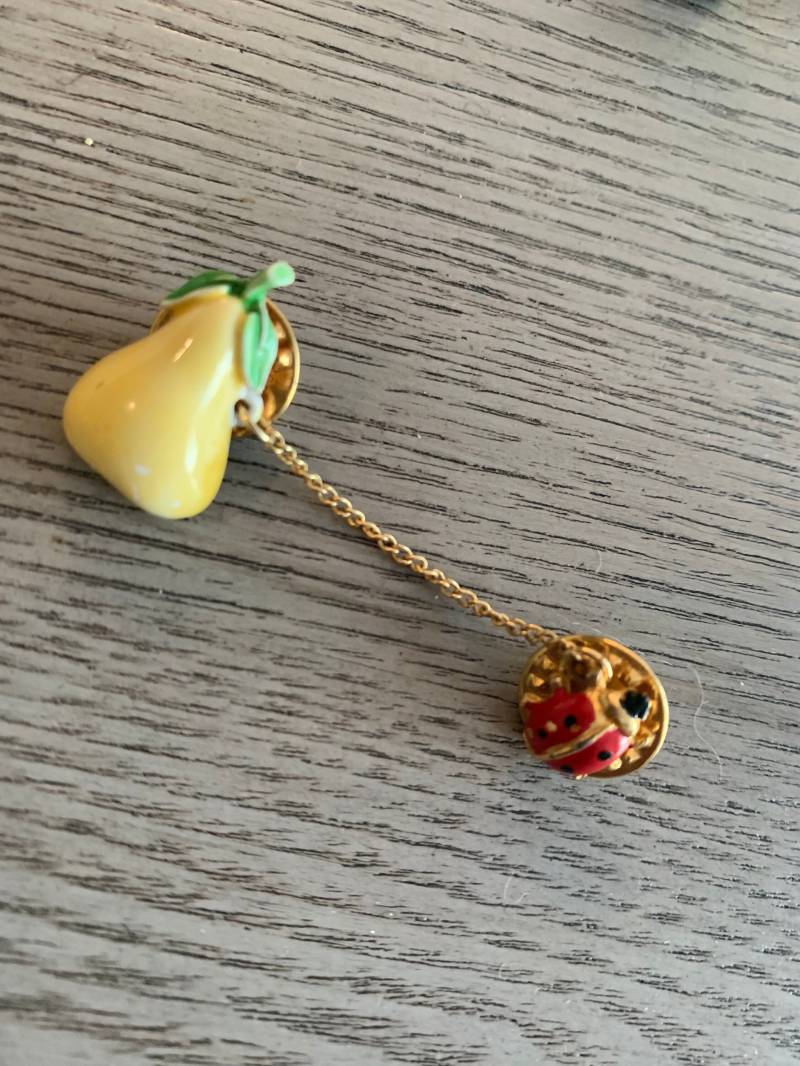 Birne Und Marienkäfer Chatelaine Pin Oder Krawattennadel, Mid Century Emaille Obst Käfer Insekt Durch Kette Verbunden Kleine Brosche, Pullover von FivebunniesByMoxie