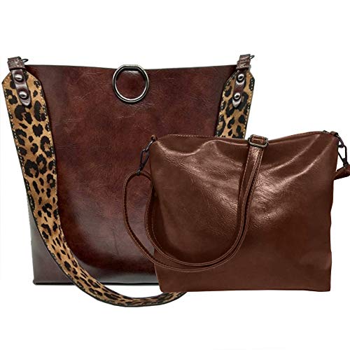 FiveloveTwo Damen 2Pcs Tasche Set PU Leder Mode Leopard-Druck Handtasche Henkeltasche Umhängetasche Schultertasche Shopper Tragetaschen Taschen Kaffee von FiveloveTwo