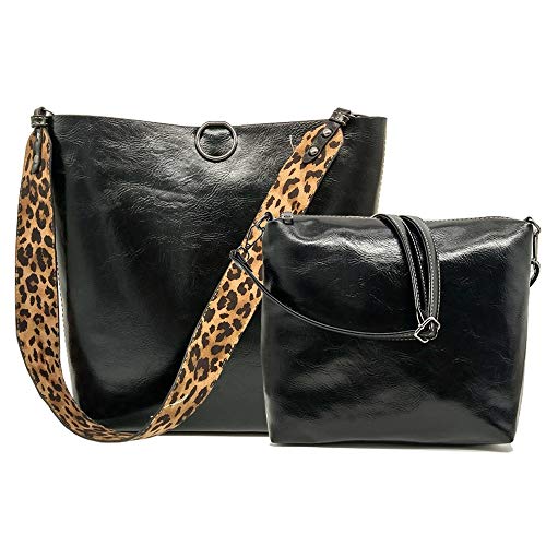 FiveloveTwo Damen 2Pcs Tasche Set PU Leder Mode Leopard-Druck Handtasche Henkeltasche Umhängetasche Schultertasche Shopper Tragetaschen Taschen Schwarz von FiveloveTwo