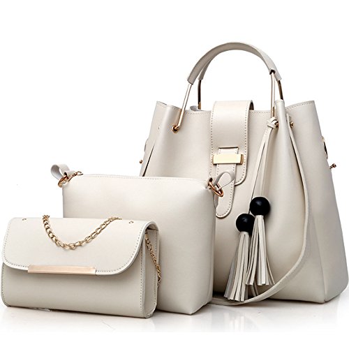 FiveloveTwo Damen 3Pcs PU Leder Tasche Set Handtasche + Schultertasche + Umhängetasche Henkeltaschen Rucksackhandtaschen Shopper Clutches Handbag Set Tote Tragetaschen Beige von FiveloveTwo