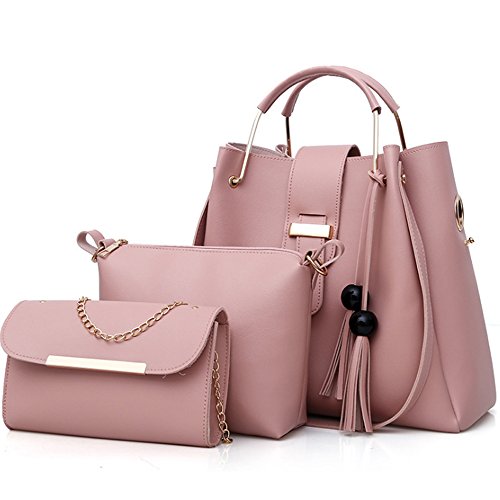 FiveloveTwo Damen 3Pcs PU Leder Tasche Set Handtasche + Schultertasche + Umhängetasche Henkeltaschen Rucksackhandtaschen Shopper Clutches Handbag Set Tote Tragetaschen Rosa von FiveloveTwo