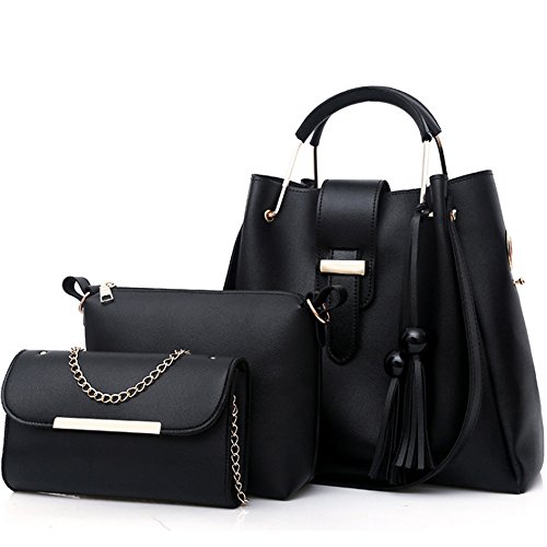 FiveloveTwo Damen 3Pcs PU Leder Tasche Set Handtasche + Schultertasche + Umhängetasche Henkeltaschen Rucksackhandtaschen Shopper Clutches Handbag Set Tote Tragetaschen Schwarz von FiveloveTwo