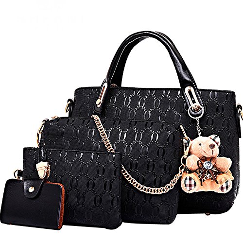 FiveloveTwo Damen 4Pcs Top Griff Satchel Hobo PU Leder Umhängetasche Handtasche Set große Tasche + Geldbörse + Schultertasche + Kartenhalter (Schwarz) von FiveloveTwo