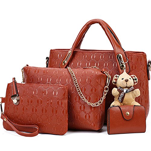 FiveloveTwo Damen 4Pcs Top Griff Satchel Hobo PU Leder Umhängetasche Handtasche Set große Tasche + Geldbörse + Schultertasche von FiveloveTwo