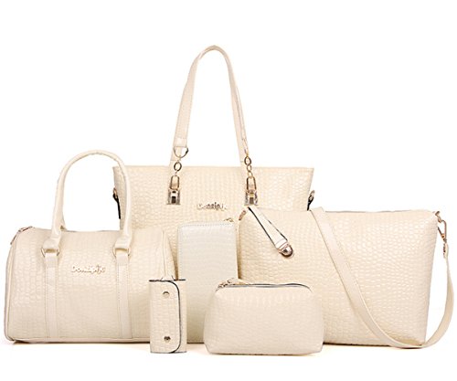 FiveloveTwo Damen 6-teiliges Set mit Crossbody Tasche und Geldbörsen PU Leder Schultertasche Shopper Tragetaschen Umhängetasche Geldbeutel Tote Taschen Clutches Beige von FiveloveTwo