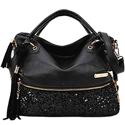 FiveloveTwo Damen Frauen Mode Leopard Pailletten Quasten PU Leder Schultertasche Shopper Hobo Tragetaschen Umhängetasche Geldbörsen Tote Taschen von FiveloveTwo