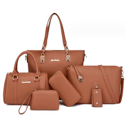 FiveloveTwo Damen Geldbeutel Handtasche 6pcs Satchel Faux Leder Zip Tote Schultertaschen Geldbörse Kupplungstasche Karteninhaber Braun von FiveloveTwo