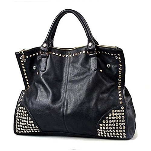 FiveloveTwo Damen Handtasche Griff Tasche Schultertaschen Shopper Umhängetaschen Punk Nieten Schwarz Geldbörse Handtasche von FiveloveTwo