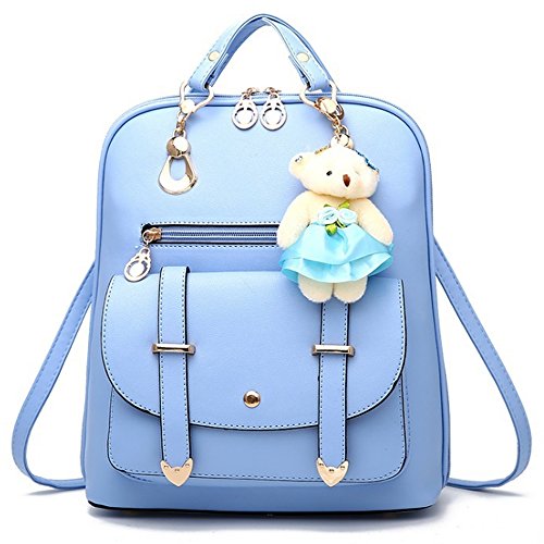 FiveloveTwo Damen Mädchen PU Leder Schultertasche Shopper Tragetaschen Umhängetasche Rucksackhandtaschen Rucksack Reise Taschen Mit Bär Ornamente Himmelblau von FiveloveTwo