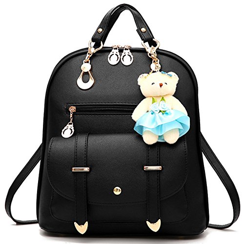 FiveloveTwo Damen Mädchen PU Leder Schultertasche Shopper Tragetaschen Umhängetasche Rucksackhandtaschen Rucksack Schule Reise Taschen Mit Bär Ornamente Schwarz von FiveloveTwo