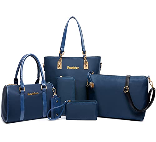 FiveloveTwo Damen Nylon 6-teiliges Schultertaschen Set Shopper Umhängetasche Geldbeutel Tote Taschen Henkeltaschen Clutches Geldbörsen, Blau, 2 von FiveloveTwo