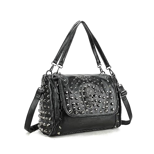FiveloveTwo Damen Schädel Niete Handtasche Geldbeutel Faux Leder Totes Reißverschluss Umhängetasche Schwarz von FiveloveTwo