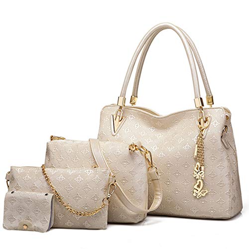 FiveloveTwo Damen Umhängetasche Schultertasche Henkeltaschen Quaste Drucken Handtasche 4-teiliges Set Geldbörse Shopper Taschen Clutches Kartenhalter Brieftasche Beige von FiveloveTwo