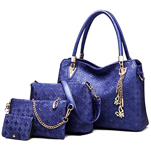 FiveloveTwo Damen Umhängetasche Schultertasche Henkeltaschen Quaste Drucken Handtasche 4-teiliges Set Geldbörse Shopper Taschen Clutches Kartenhalter Brieftasche Blau von FiveloveTwo