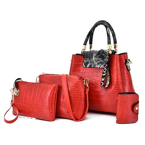 FiveloveTwo Damen Umhängetaschen Handtasche 4pcs Faux Leder Satchel Krokodilmuster Schultertaschen Kupplungskartenhalter Rote Schlange von FiveloveTwo